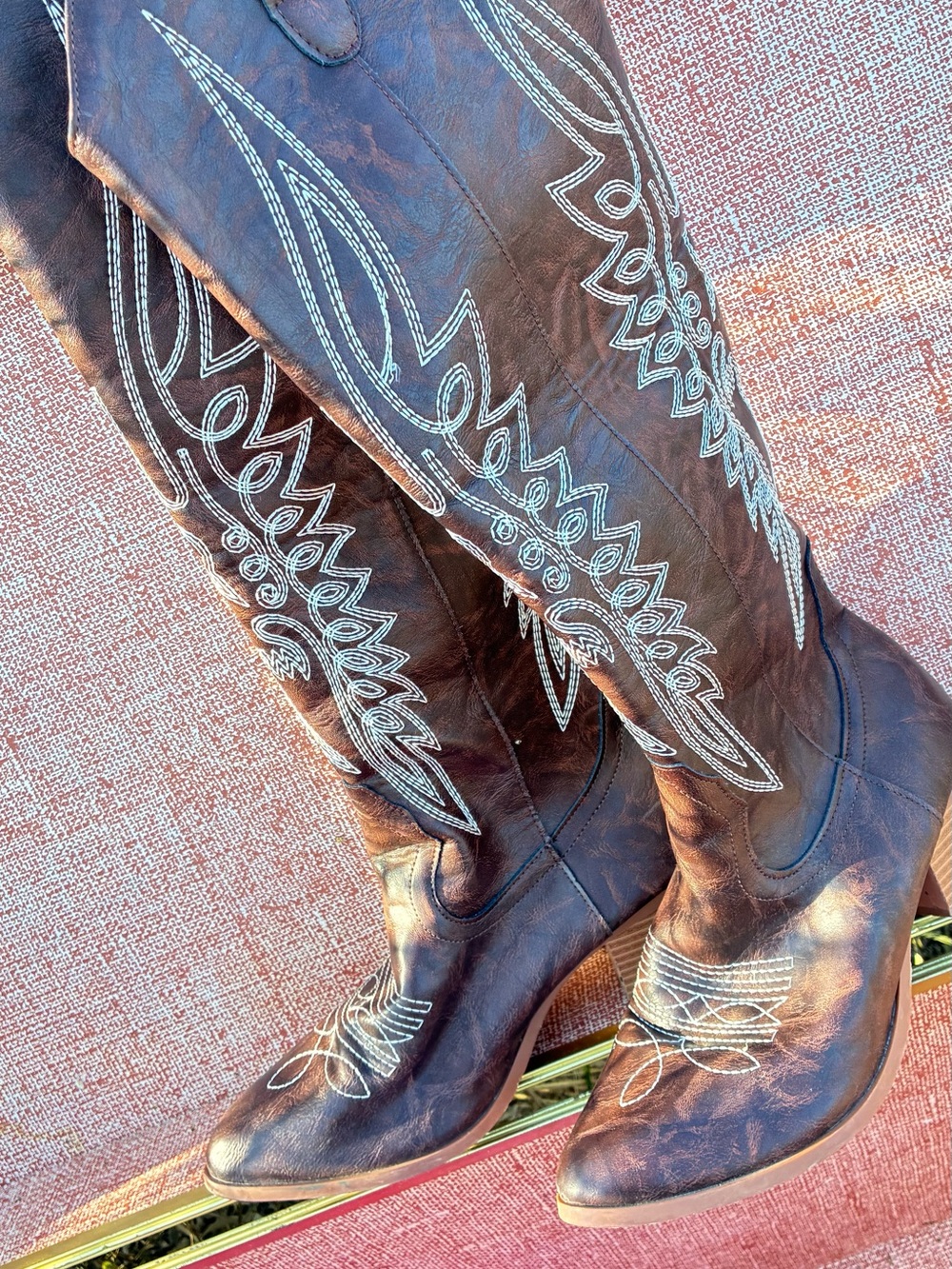 Western Embroidered Leather Knee-High Boots - Brown